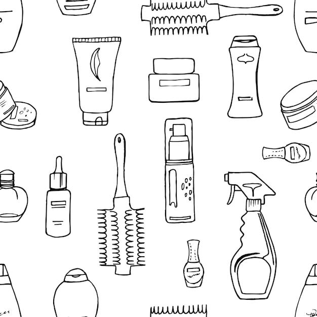 Dibujado a mano garabatos de patrones sin fisuras de productos de belleza spray peine bálsamo aceite loción en vector estilo lineal aislado