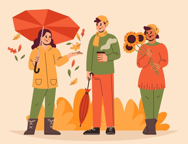 Dibujado a mano gente plana en otoño ilustración