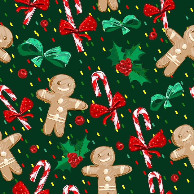 Dibujado a mano Gingerbread Man y Navidad candy cane Pattern