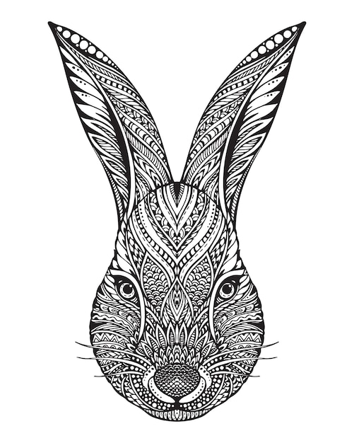Vector dibujado a mano gráfico adornado cabeza de conejo con patrón floral étnico doodle. ilustración para colorear libro, tatuaje, impresión en camiseta, bolso. sobre un fondo blanco.