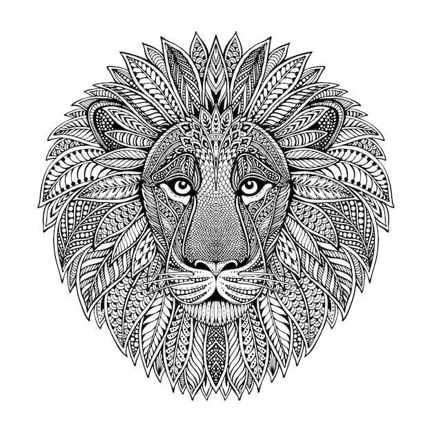 Vector dibujado a mano gráfico adornado cabeza de león con patrón étnico doodle floral. ilustración para colorear libro, tatuaje, impresión en camiseta, bolso. sobre un fondo blanco.