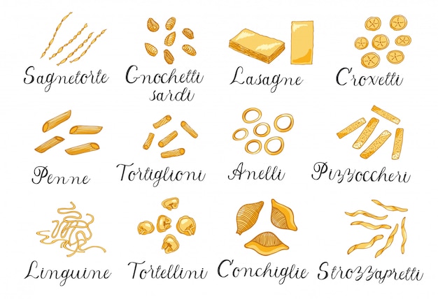 Dibujado a mano gran conjunto de diferentes tipos de pasta italiana. ilustración vectorial, de color.