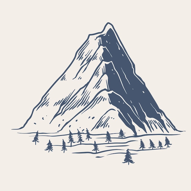 Vector dibujado a mano de una gran montaña rocosa con pequeños pinos en las montañas perfecto para afiches y pegatinas