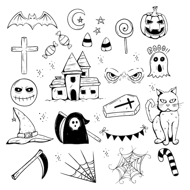 Dibujado a mano halloween miedo iconos o elementos