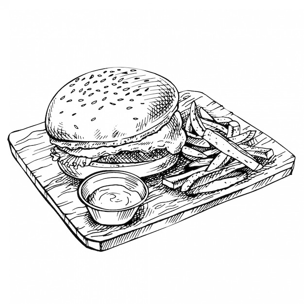 Dibujado a mano hamburguesa con queso en madera. Bosquejo Big humburger con chuletas, queso, tomates, lechuga. comida americana.