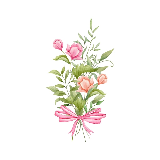 Vector dibujado a mano hermosa decoración de ramo floral con cinta