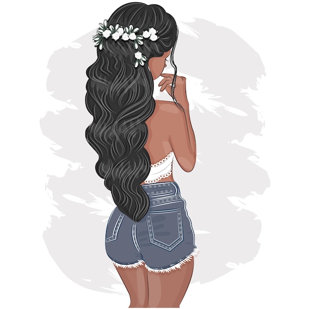 Vector dibujado a mano hermosa joven morena con cabello lujoso chica elegante en ropa de verano chica bronceada en pantalones cortos boceto ilustración de vector de impresión textil