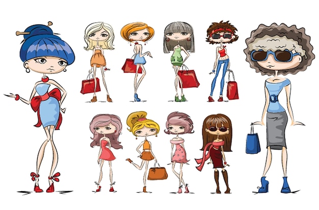 Dibujado a mano hermosas chicas de verano de dibujos animados lindo con bolsas ilustración vectorial