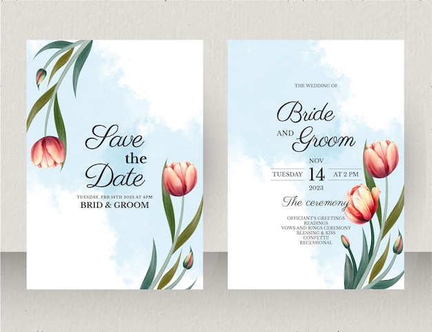 Dibujado a mano hermoso conjunto de tarjetas de invitación de boda floral