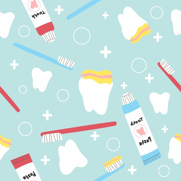 Dibujado a mano herramientas de cuidado dental de patrones sin fisuras