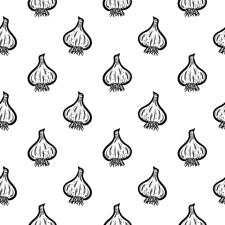 Vector dibujado a mano icono de doodle de ajo de patrones sin fisuras. boceto negro dibujado a mano. símbolo de signo. elemento de decoración. fondo blanco. aislado. diseño plano. ilustración vectorial.