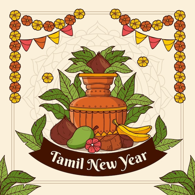 Vector dibujado a mano ilustración de año nuevo tamil