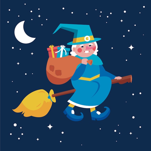 Vector dibujado a mano ilustración de befana plana