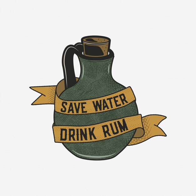 Dibujado a mano ilustración de botella de ron con cita - ahorre agua, beba ron. Insignia de alcohol vintage, tarjeta de tipografía, cartel, diseño de impresión en camiseta.