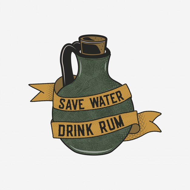 Dibujado a mano ilustración de botella de ron con cita - ahorre agua, beba ron. insignia de alcohol vintage, tarjeta de tipografía, cartel, diseño de impresión en camiseta.