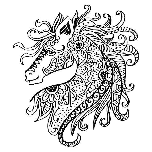 Dibujado a mano ilustración de cabeza de caballo zentangle