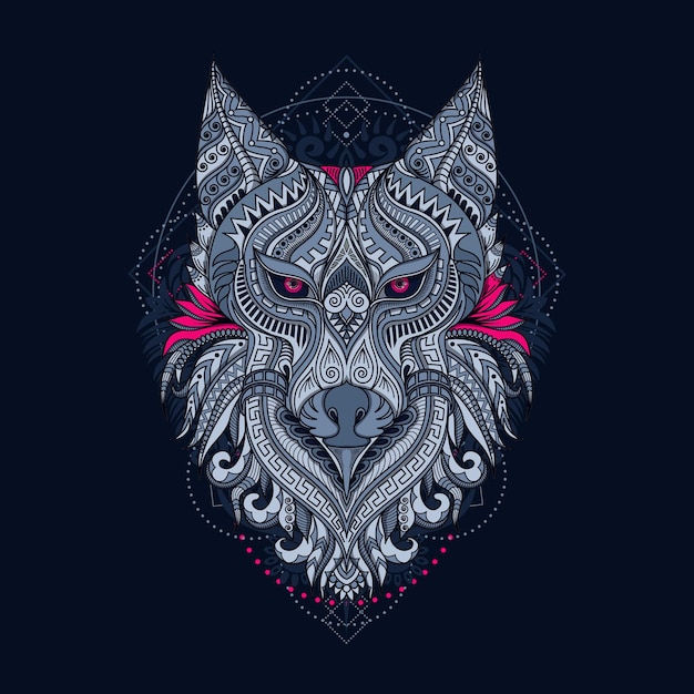 Vector dibujado a mano ilustración de cabeza de lobo étnico fondo oscuro