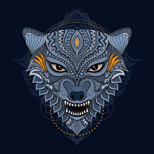 Vector dibujado a mano ilustración de cabeza de lobo étnico fondo oscuro