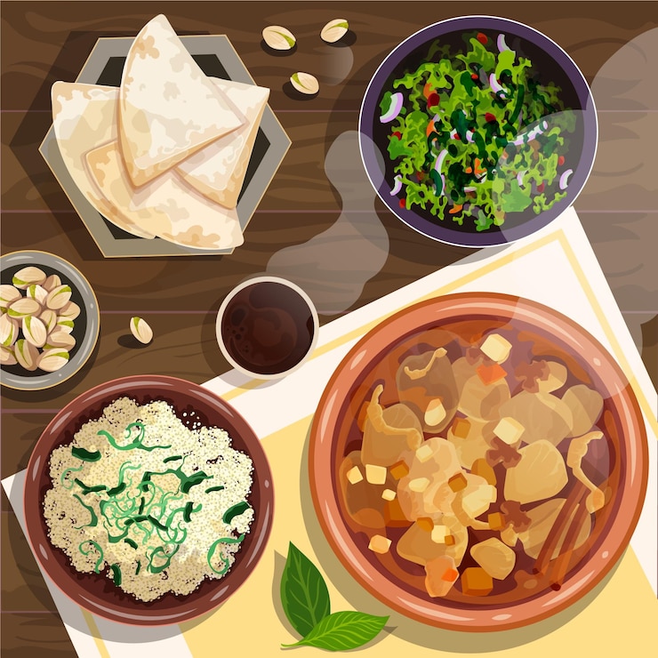 Vector dibujado a mano ilustración de comida iftar