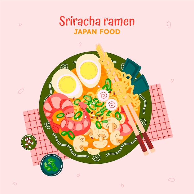 Vector dibujado a mano ilustración de comida japonesa de diseño plano