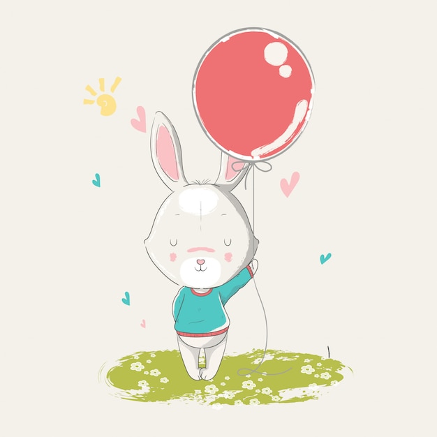 Dibujado a mano ilustración de un conejito lindo bebé con globos.