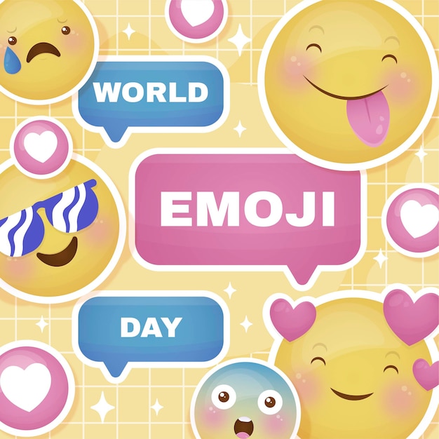 Dibujado a mano ilustración del día mundial del emoji con emoticonos