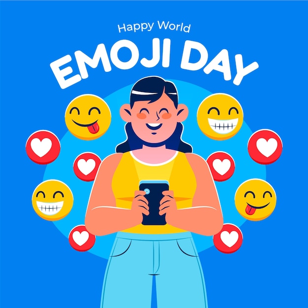 Vector dibujado a mano ilustración del día mundial del emoji con teléfono inteligente