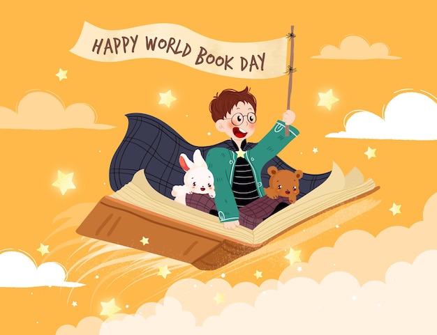Dibujado a mano ilustración del día mundial del libro con saludo