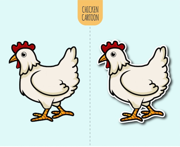 Dibujado a mano ilustración de dibujos animados de pollo con opción de diseño de etiqueta