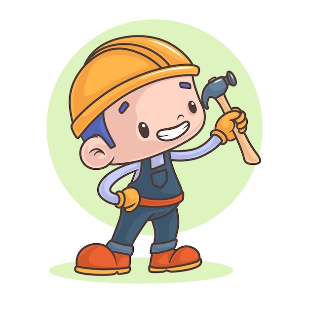 Vector dibujado a mano ilustración de dibujos animados de trabajador de la construcción