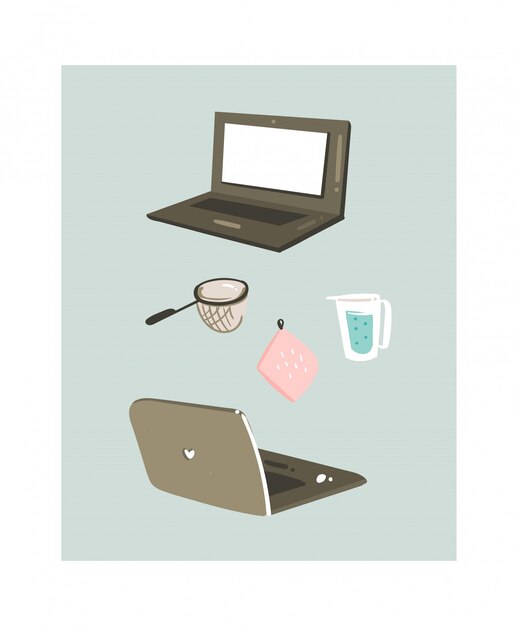 Dibujado a mano ilustración de diversión de tiempo de cocción con computadoras portátiles y equipos de cocina
