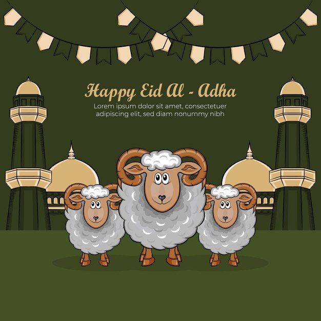 Vector dibujado a mano ilustración de eid al adha o qurban días saludo concepto sobre fondo verde.