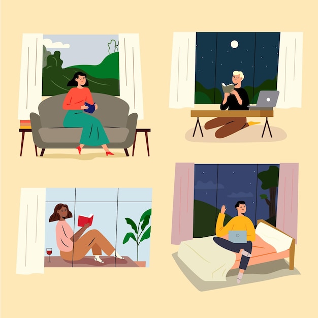 Dibujado a mano ilustración de escenas de estilo de vida de hygge