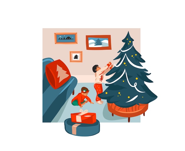 Dibujado a mano ilustración festiva de dibujos animados de niños bebés de Navidad en casa juntos aislado
