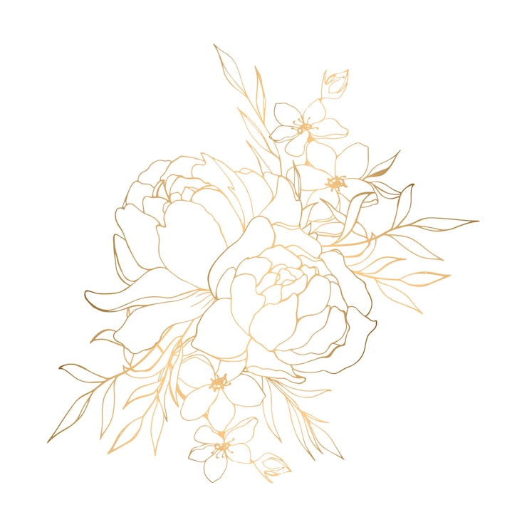 Vector dibujado a mano ilustración floral dorada con peonías