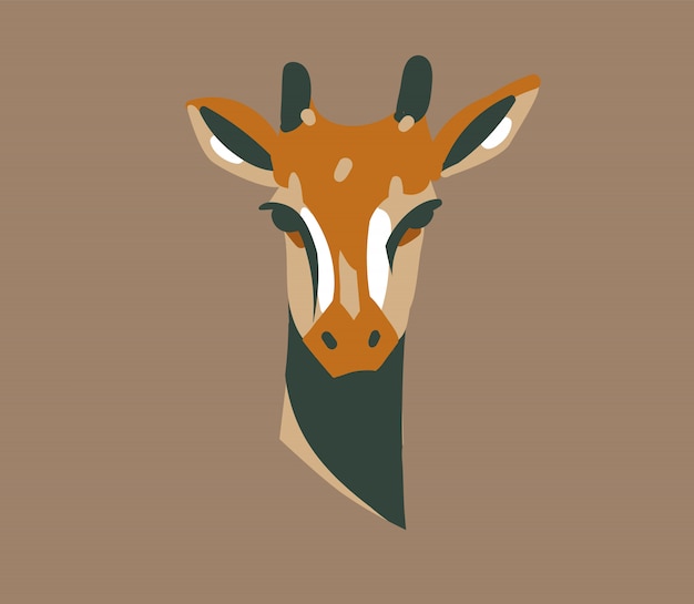 Dibujado a mano ilustración gráfica abstracta con animales de dibujos animados de cabeza de jirafa salvaje en el fondo