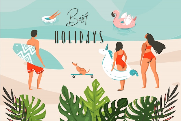 Vector dibujado a mano ilustración gráfica abstracta con hojas tropicales, grupo de personas de surf en el paisaje de la playa del océano y la tipografía best holidays aislada sobre fondo azul