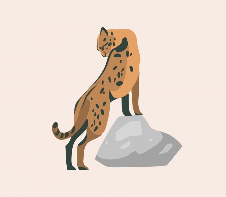 Vector dibujado a mano ilustración gráfica abstracta stock con animales de dibujos animados de guepardo sentado salvaje en el fondo