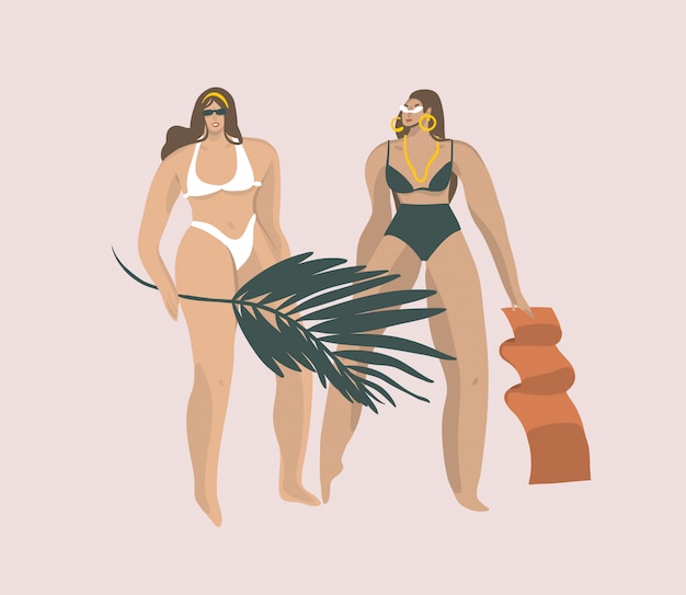 Vector dibujado a mano ilustración gráfica con un bikini chicas en la playa con hojas de palmera tropical aislado