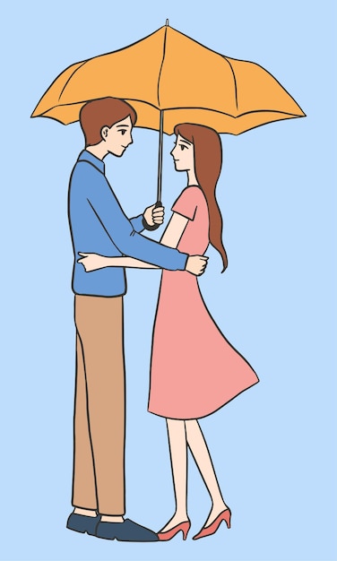 Vector dibujado a mano ilustración de hombre y mujer bajo el paraguas