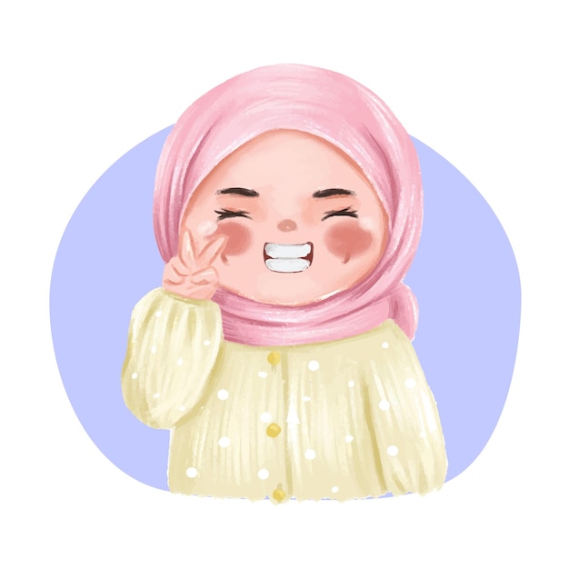 Dibujado a mano ilustración linda chica musulmana pose paz