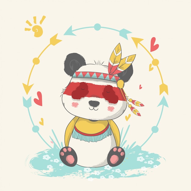 Dibujado a mano ilustración de un lindo bebé panda con apache personalizado.