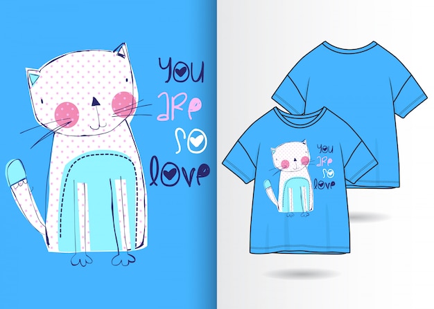 Dibujado a mano ilustración lindo gatito con diseño de camiseta