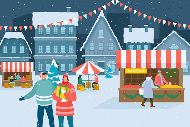 Dibujado a mano ilustración de mercado de navidad plano