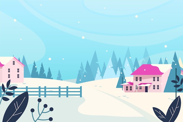 Vector dibujado a mano ilustración de paisaje de invierno plano