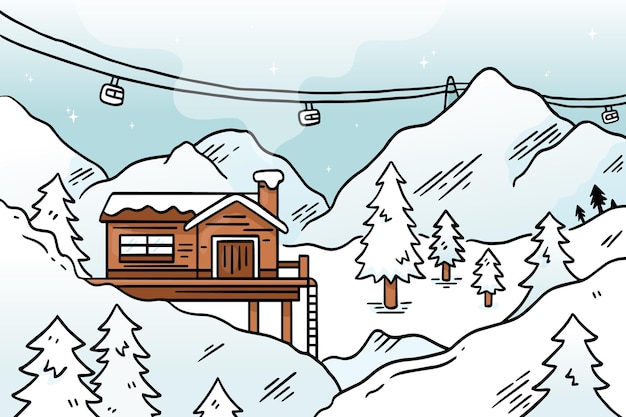 Dibujado a mano ilustración de paisaje de invierno