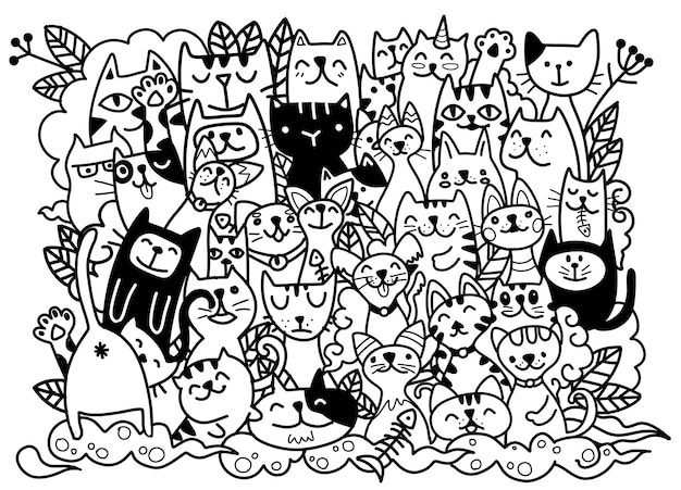 Dibujado a mano ilustración de personajes de gatos. Estilo de boceto. Garabatear