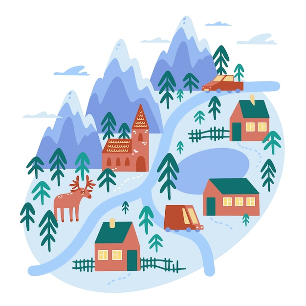 Vector dibujado a mano ilustración de pueblo de invierno plano