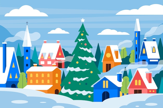 Dibujado a mano ilustración de pueblo de navidad plano