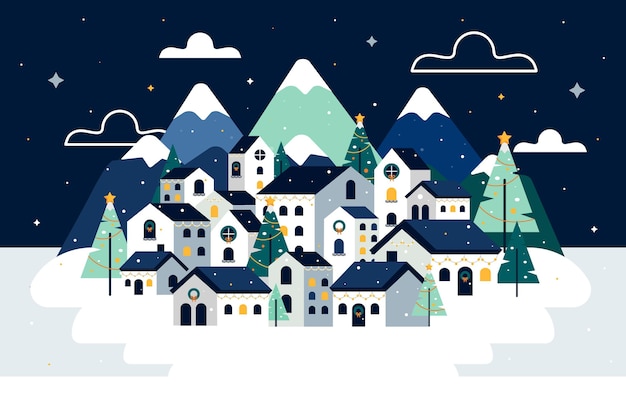 Vector dibujado a mano ilustración de pueblo de navidad plano